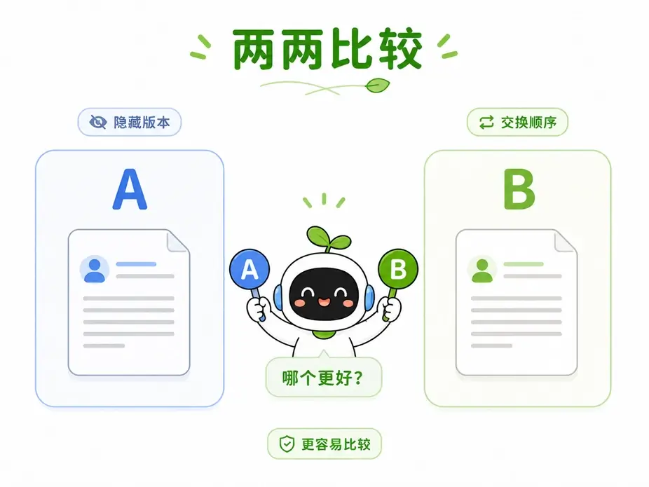 两两比较评测法:通过隐藏版本和交换顺序来横向比较新旧提示词的输出结果,更容易得出直观优劣判断。