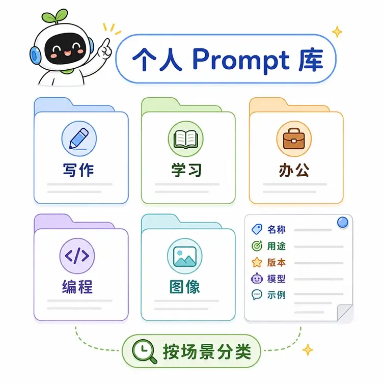 个人 Prompt 库建立建议:按写作、学习、办公、编程等实际应用场景分类整理提示词。
