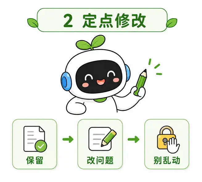 在AI对话中进行定点修改的技巧:明确要求保留项、需修改问题及不可更改的内容