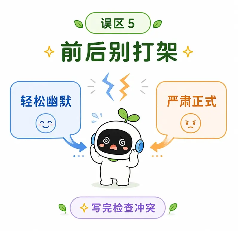 结构化提示词误区五：写完不复查，导致提示词中出现要求前后互相打架的冲突情况