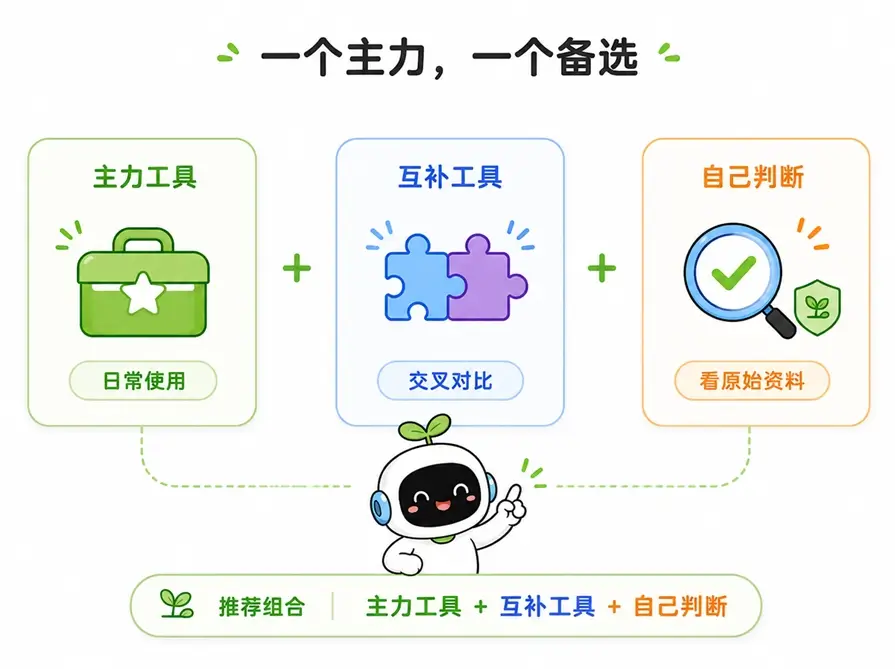推荐的 AI 工具组合策略：一个日常主力工具搭配一个互补工具，并结合人工判断