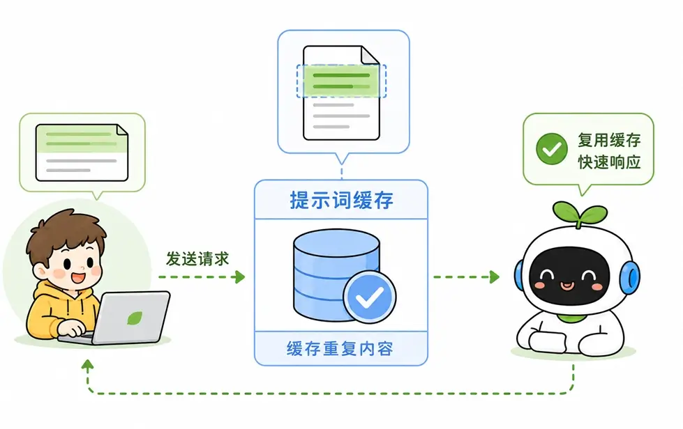 提示词缓存的工作原理:将重复的输入前缀缓存在服务器中以实现快速复用和响应。