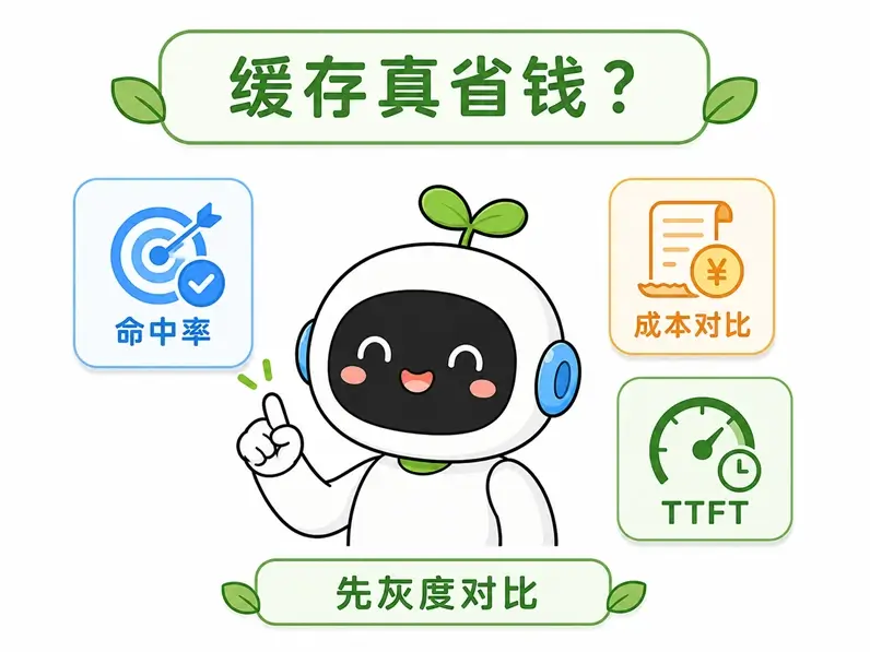 衡量提示词缓存效果的核心指标:缓存命中率、成本对比以及首字响应时间(TTFT)。