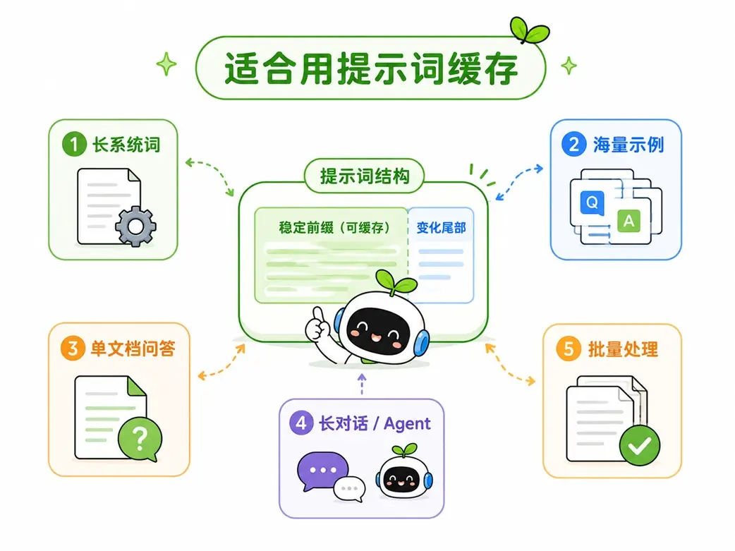 适合使用提示词缓存的常见场景:长系统提示词、海量示例、单文档问答、长对话与批量处理。