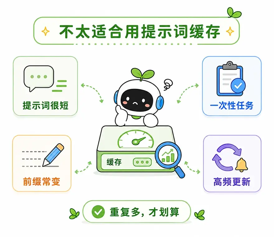 不适合使用提示词缓存的场景:提示词过短、一次性任务、前缀高频变化或资料频繁更新。