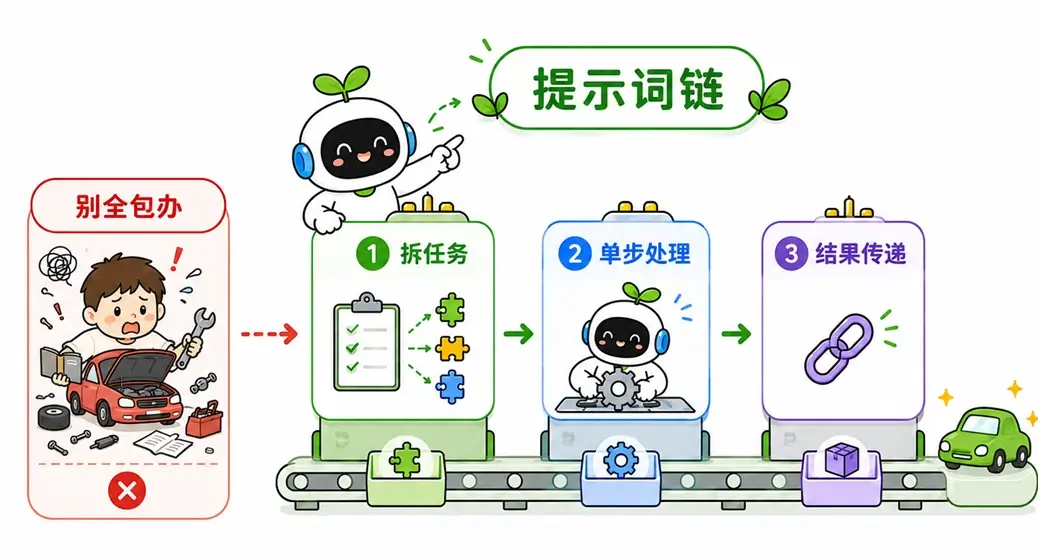 提示词链的工作原理犹如流水线作业,将大任务拆分为专注单一节点的小任务并按顺序传递结果。
