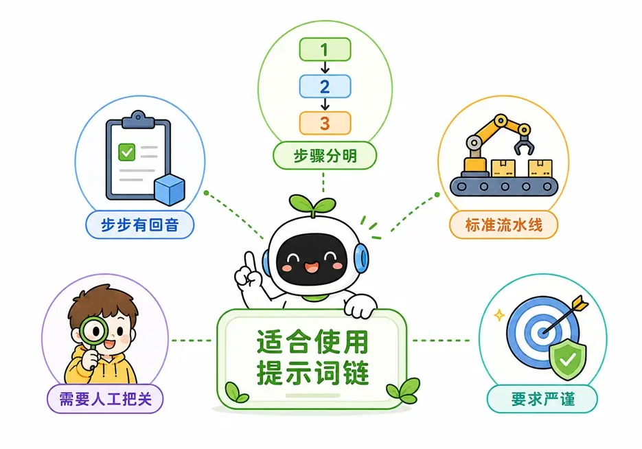 提示词链适用于步骤分明、需要中间结果回音、流程标准化、需要人工把关以及要求严谨的任务。