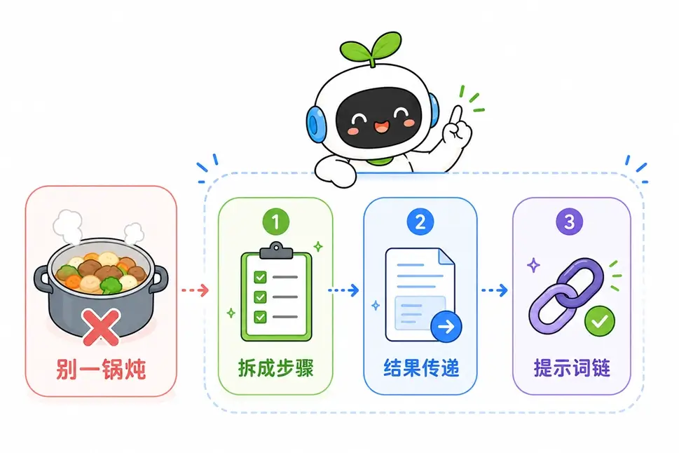 面对复杂任务时,应避免将所有要求一锅炖,而是将其拆分为独立的提示词链步骤。