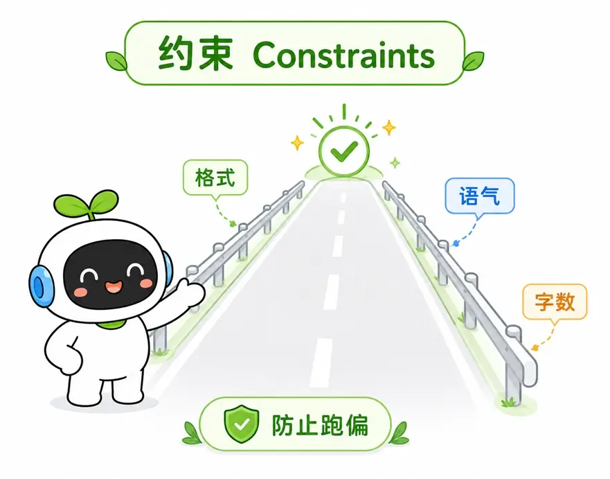 提示词约束要素像护栏一样限制格式、语气和字数，防止AI偏离方向。
