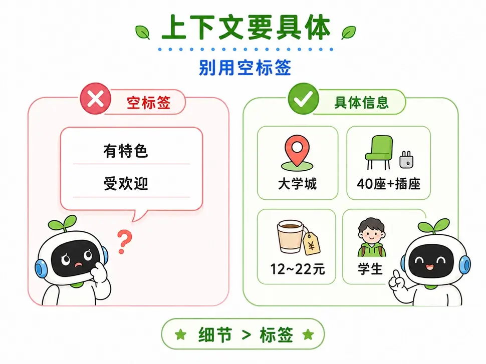 在上下文中提供具体的客观细节，比使用宽泛的空标签更加有效。