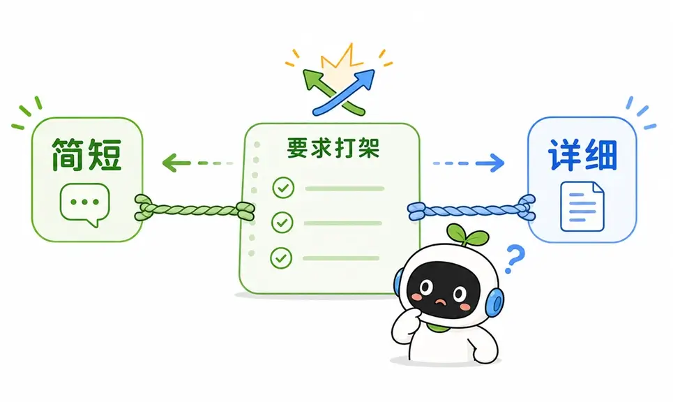 提示词中“简短”和“详细”等要求互相打架的图解,建议为复杂的矛盾要求设定明确的优先级。
