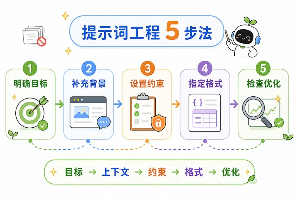 提示词工程的核心五步法:明确目标、补充背景、设置约束、指定格式与检查优化
