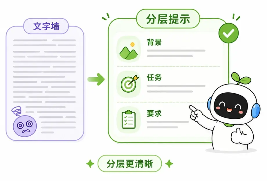 将长篇大论的文字墙与包含背景、任务和要求的分层提示词进行对比的图解,强调长指令分层排版的重要性。