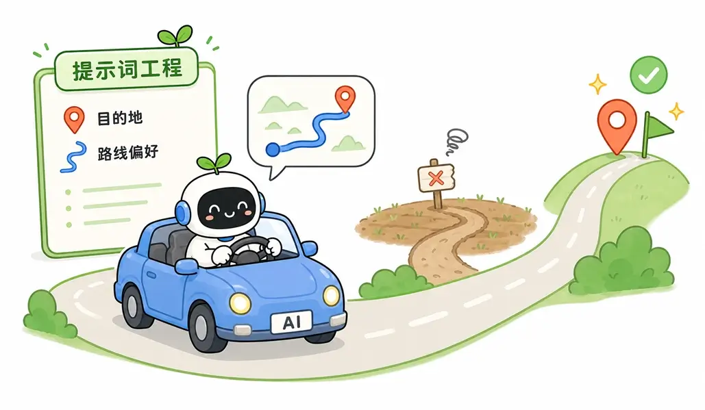 将提示词工程比作给 AI 设定导航的目的地和路线偏好