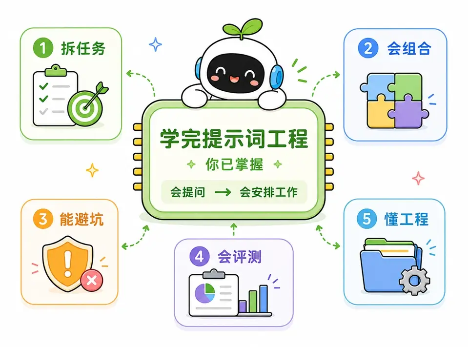 提示词工程核心技能回顾:包括拆解任务、组合打法、排雷避坑、科学评测与工程化管理。
