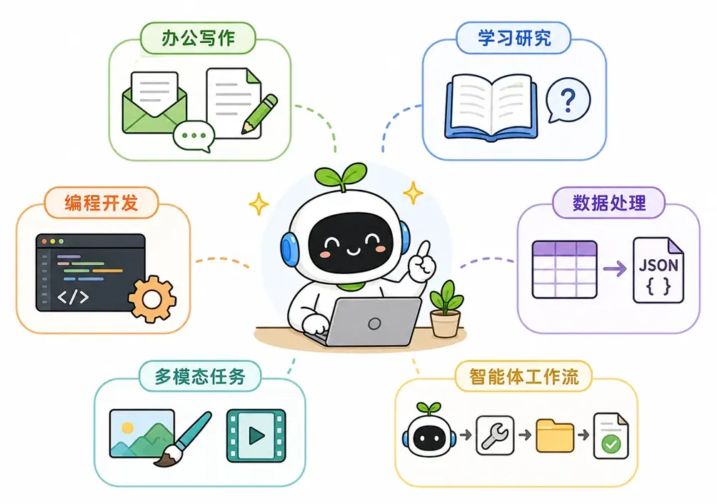 提示词工程的常见应用场景:办公写作、学习研究、编程开发、数据处理、多模态任务和智能体工作流