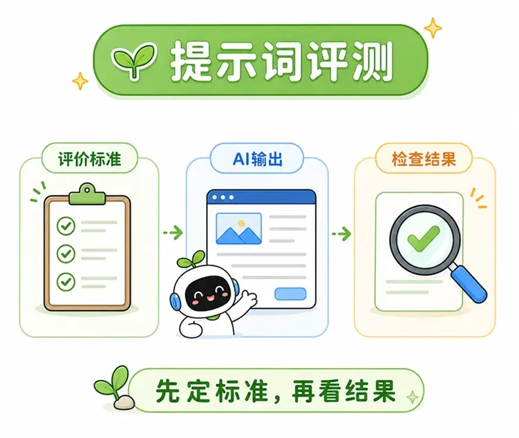 提示词评测的核心流程:预先制定清晰的评价标准,随后检查 AI 输出是否真实完成了预期任务。