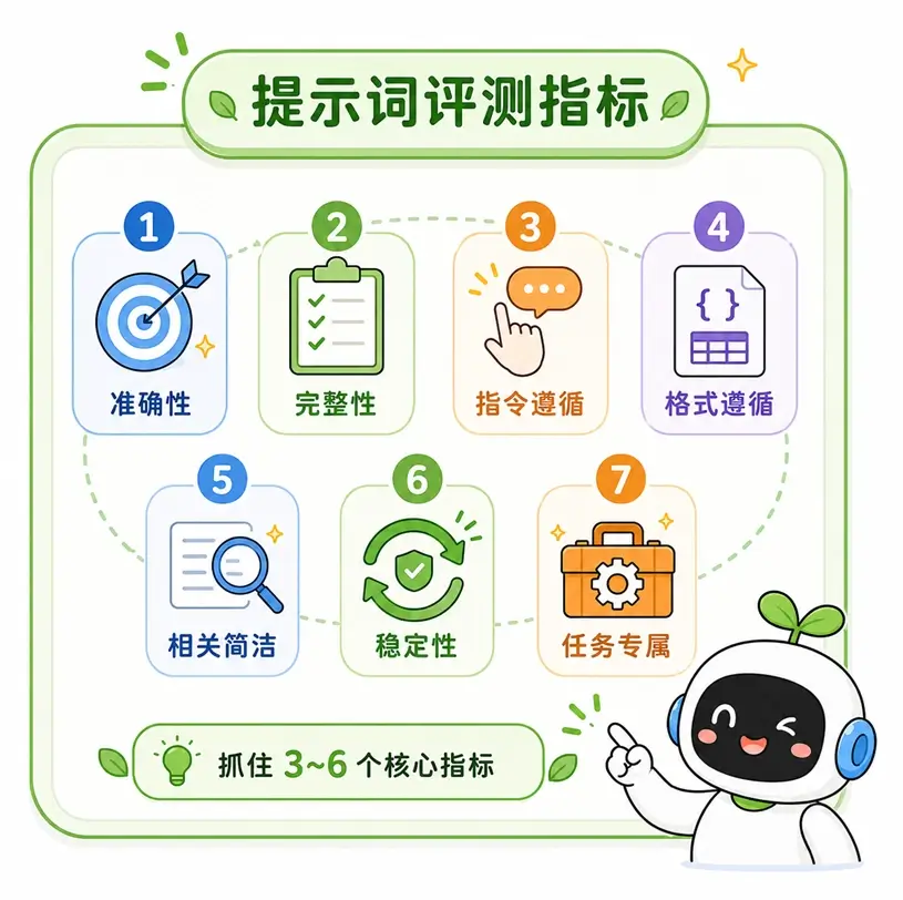 提示词评测的通用指标,建议根据具体任务挑选准确性、完整性等 3 到 6 个最核心的指标进行重点考核。
