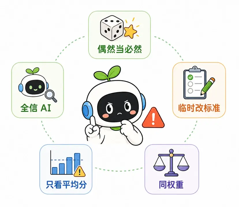 提示词评测的常见误区:如将偶然结果当必然、临时修改标准、各项指标同等权重以及全信 AI 裁判等。