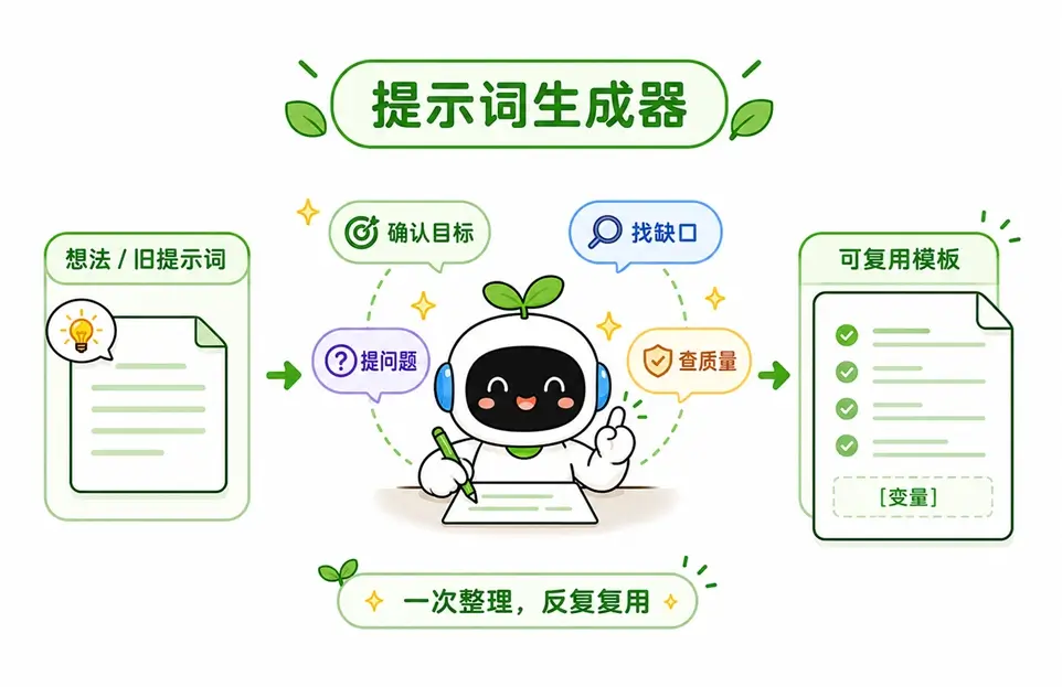 提示词生成器的工作流程:接收想法后进行目标确认、提问和质量检查,最终输出带有变量的可复用模板。