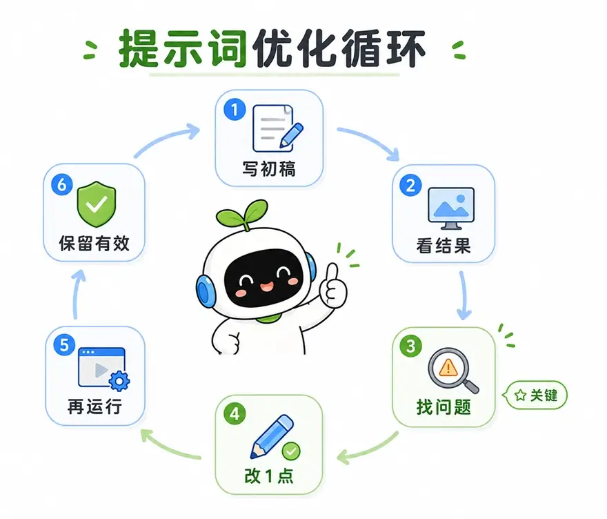 提示词优化的六步循环：写初稿、看结果、找问题、只修改一点、再运行、保留有效修改。