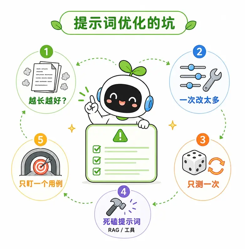 提示词优化的常见误区：认为越长越好、一次修改太多、缺乏多次验证以及死磕提示词等。