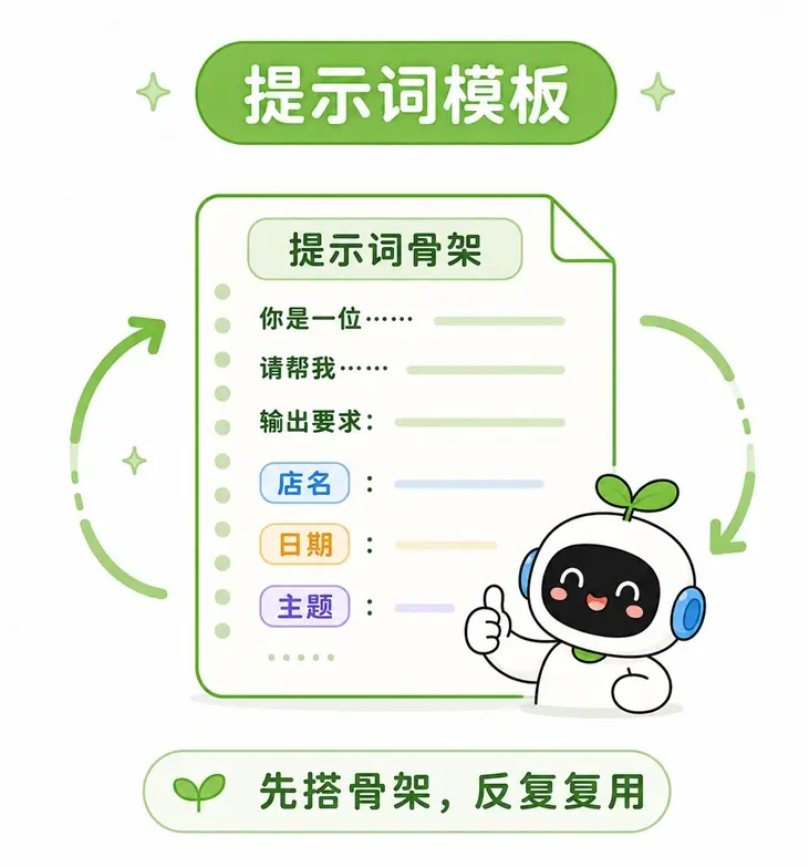 提示词模板的核心概念:保留固定的提示词骨架,通过替换变量来反复使用。