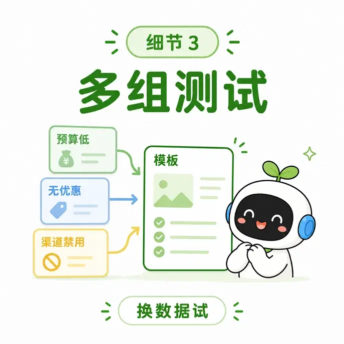 提示词模板的细节优化三:在正式使用前,填入不同情况的数据对模板进行测试。