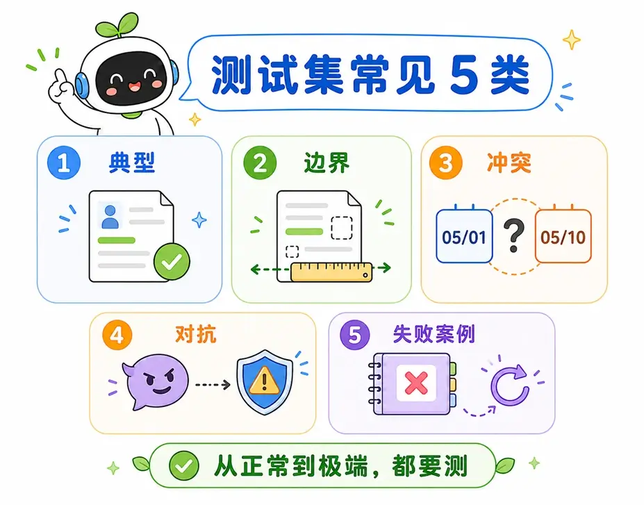 提示词测试集常见的五类场景：典型场景、边界场景、冲突场景、对抗场景以及历史失败案例。