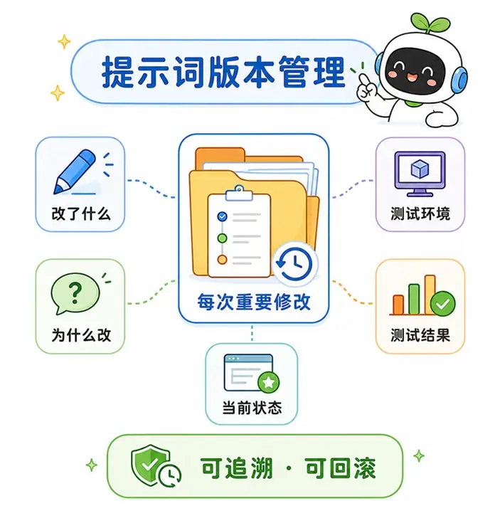 提示词版本管理的核心要素:记录修改内容、原因、测试环境与结果,确保版本可追溯与可回滚。