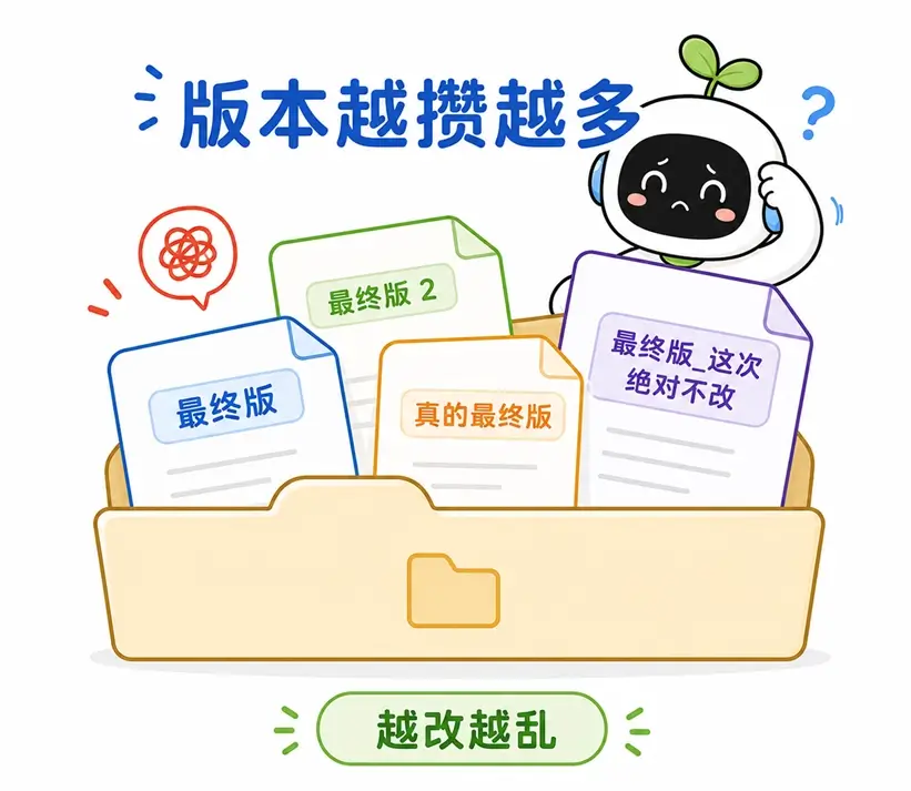 缺乏提示词版本管理的后果:多次修改后容易产生大量命名随意且难以分辨的冗余文件。
