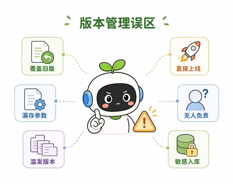 提示词版本管理的常见误区:直接覆盖旧版、漏存运行参数、滥发版本、未经测试直接上线及敏感信息入库等。