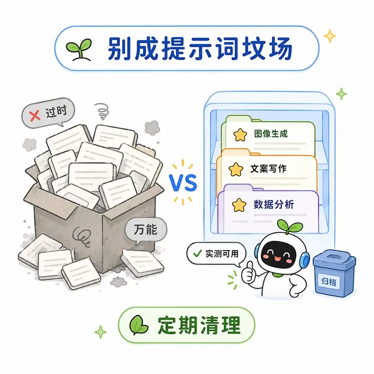 提示词库维护建议:定期清理冗余和过时内容,只保留实测可用的提示词,避免变成“提示词坟场”。
