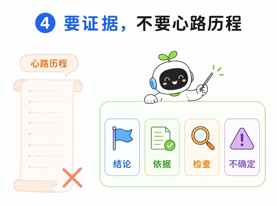 要求推理模型输出明确的结论、判断依据、检查结果和不确定项，而不是长篇大论的心路历程。