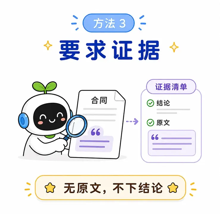 防幻觉方法三：要求 AI 在输出结论时提供对应的原文作为“实锤”证据，以方便人工快速核查。