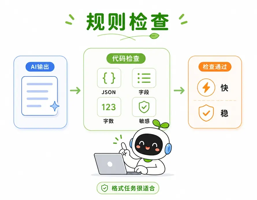 规则检查的优势:通过代码自动校验 JSON 格式、必填字段和字数,速度快且结果稳定。