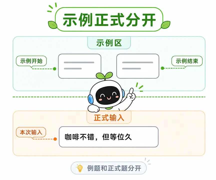 使用醒目标题或分隔符,将参考示例区与正式输入区清楚地隔开