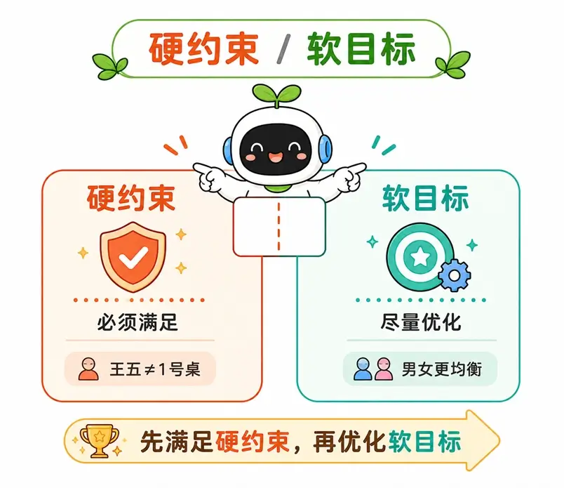 在复杂任务中，建议将绝对不可违反的硬性约束与可以尽量优化的软性目标分开说明并标明优先级。