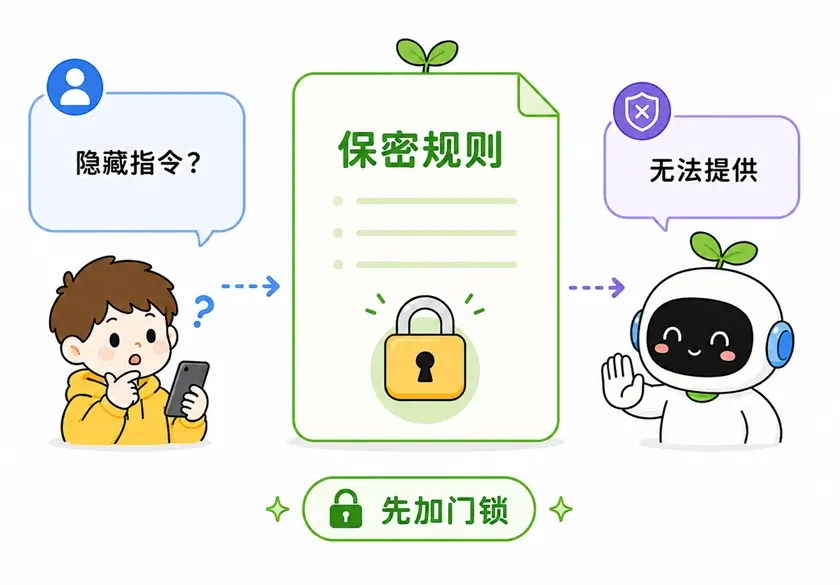 防范泄露方法一：在提示词末尾设置明确的保密规则，拒绝回答关于系统设定的探问。
