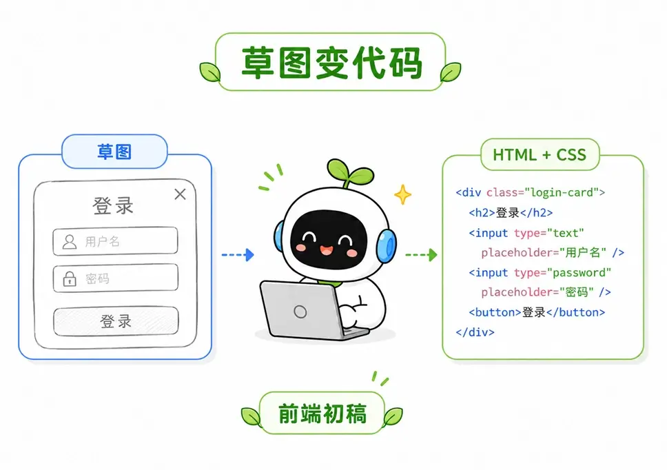 多模态提示词场景三:根据手绘的登录页面草图,让 AI 直接生成对应的前端 HTML 和 CSS 代码初稿。