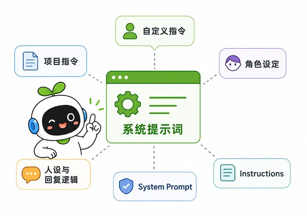 在不同AI工具中配置系统提示词的常见入口和别名示意图