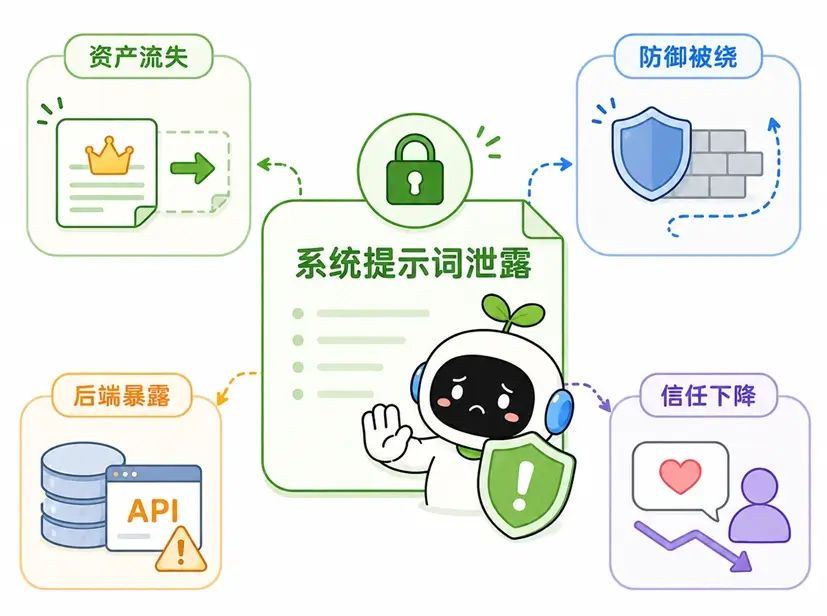 系统提示词泄露的四大危害：核心资产流失、暴露防御漏洞、泄露后端信息以及降低用户信任。