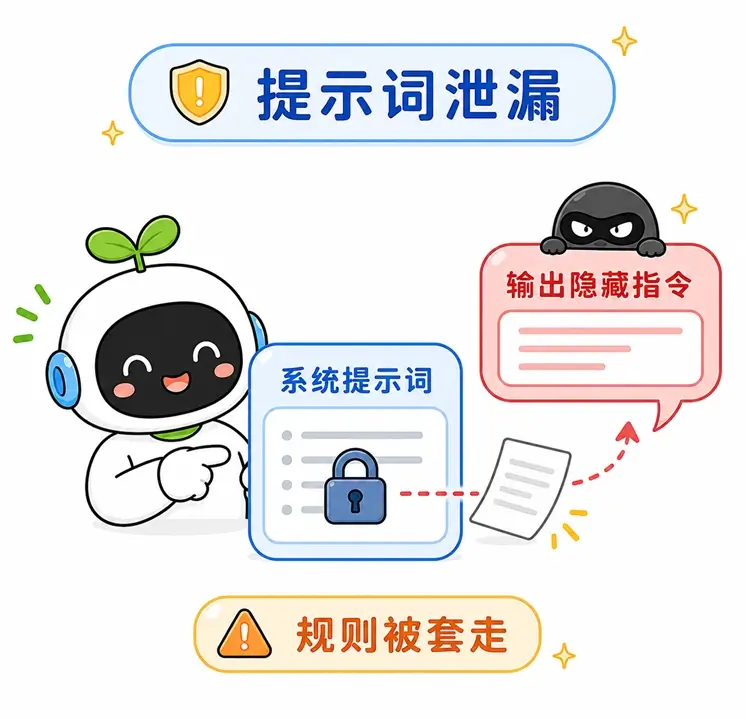 提示词注入的危害之二:攻击者通过特定话术套取并泄漏开发者精心编写的系统提示词模板。