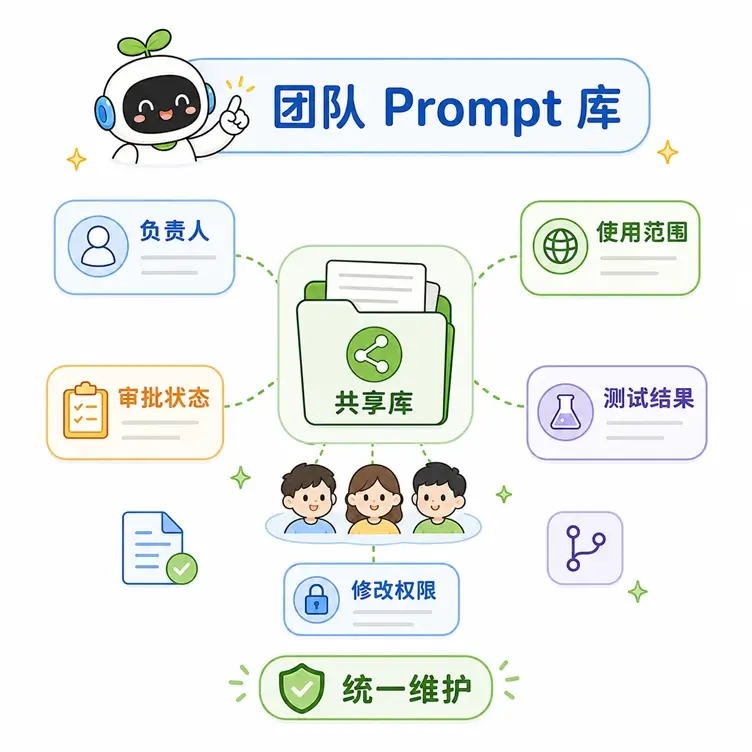团队 Prompt 库维护规范:通过共享库明确负责人、使用范围、审批状态和修改权限以实现统一协作。
