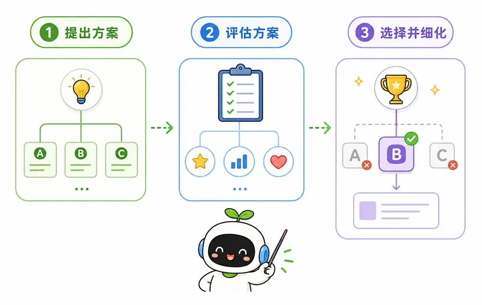 使用提示词实现思维树的三个阶段:提出候选方案、逐项评估方案以及选择并细化。