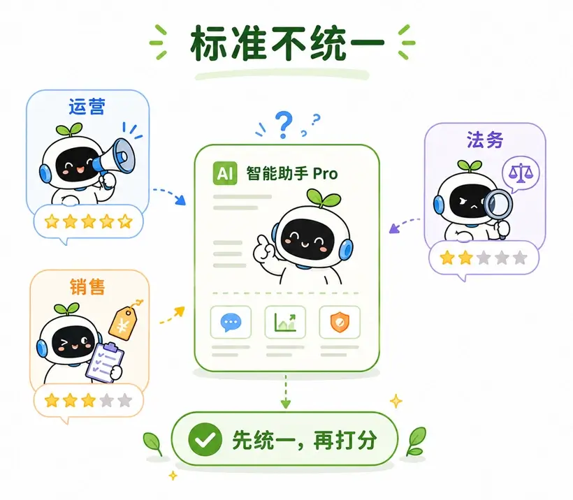 提示词评测前必须统一团队的评价标准,避免因运营、销售、法务等不同岗位的关注点差异导致打分混乱。