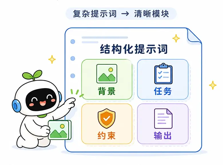 什么是结构化提示词：将复杂指令拆分为背景、任务、约束与输出等独立清晰的模块