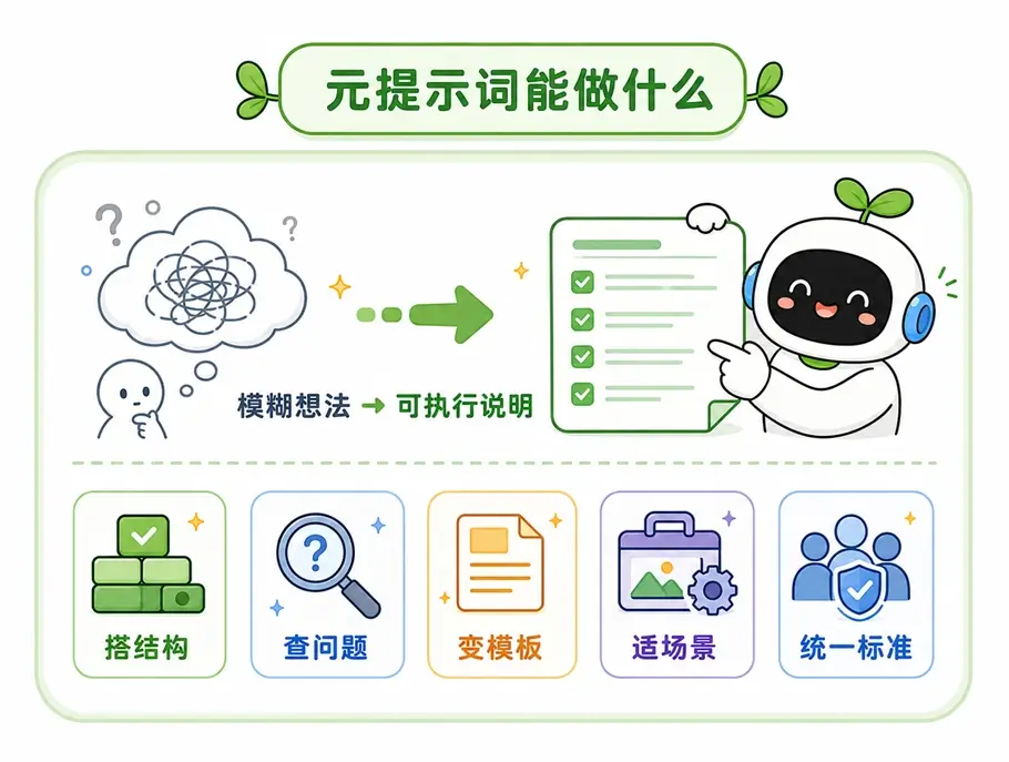 元提示词的核心作用:搭结构、查问题、变模板、适场景以及统一团队的编写标准。