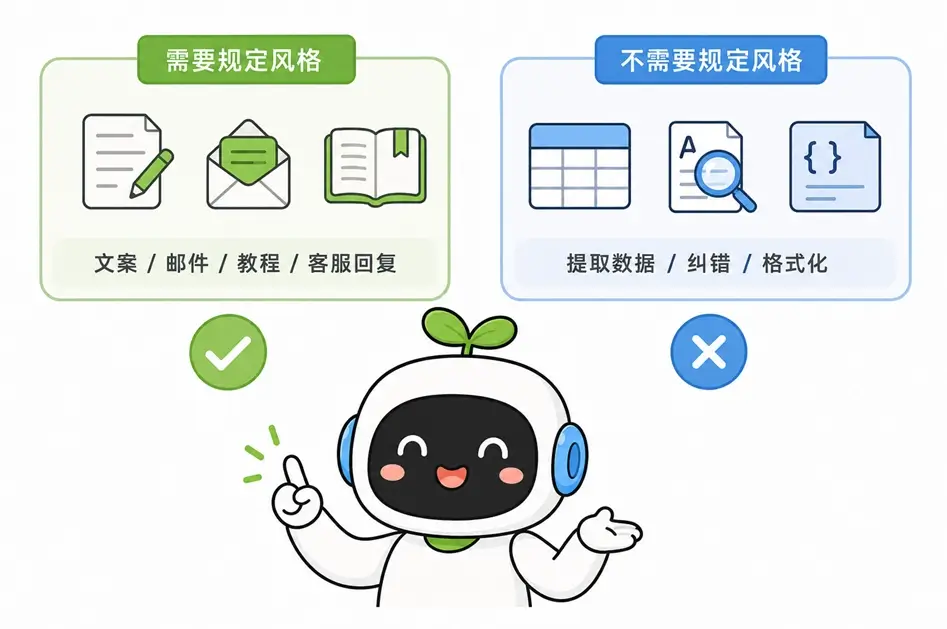 需要与不需要设定AI语气风格的具体任务场景对比图