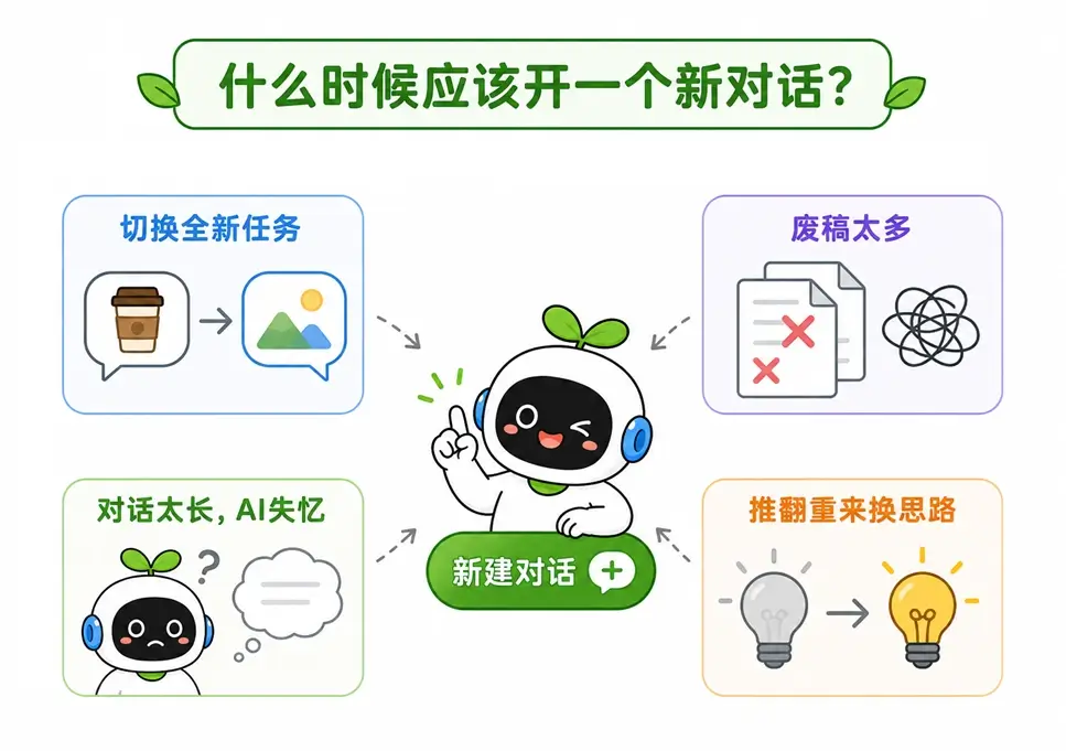 建议果断开启AI新对话的四种常见情况:切换任务、废稿过多、对话过长及推翻思路